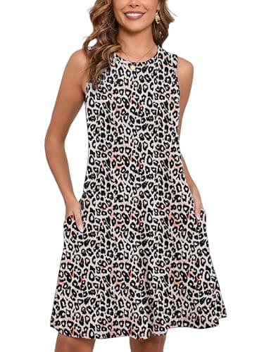 Heymoments Women Summer Dress Leopard Small Sleeveless Crew Neck Casual Cute Loose Fitting Tank Sundress Comfy Swing Midi Flowy A-line Trendy Beach Vacation Teacher Dresses with Pockets - Image 1