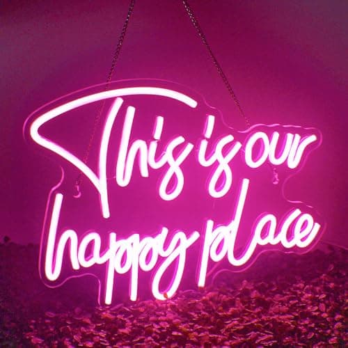 NOSUN This is Our Happy Place Neon Sign Pink Neon Signs for Wall Decor Pink Neon Light Sign with Dimmable Letter Neon Signs for Bedroom Bar Party Club Home Wedding Birthday Party LED Decorations - Image 1
