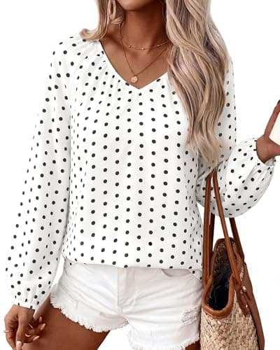 Zenlonr Women's Summer Tops Dressy Casual 2026 V Neck Satin Silk Printed Shirts Boho Long Sleeve Work Blouses(Dot White Black,Small) - Image 1