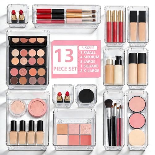 Asnews Makeup Drawer Organizers Set of 13, 5-Size Vanity Organizer Trays, Stackable Bathroom & Desk Drawer Organizer for Makeup, Jewelry, Kitchen Utensils, Office Supplies and Small Gadgets Storage - Image 1