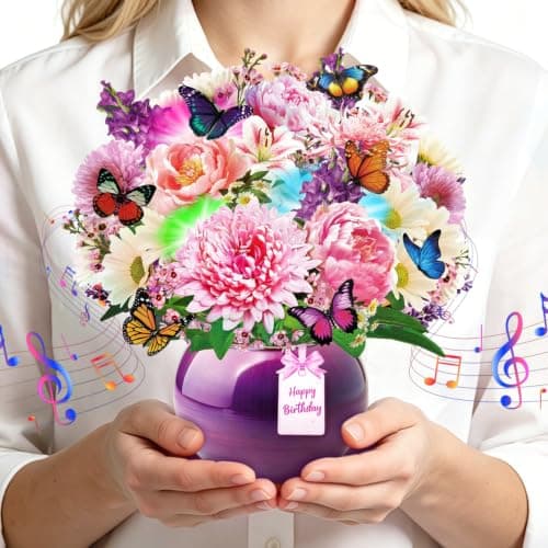Rayilyn Happy Birthday Musical Cards for Women Mom, 3D Pop-Up Greeting Card with Light & Music, 10 Inch Peony & Gerbera Flower Bouquet & Butterflies Design Gift Card for Woman, Lady, Sister - Image 1