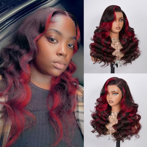 99J Burgundy Ombre 9x6 Glueless Lace Front Wig Human Hair Skunk Strip Body Wave Red And Black Colored Wigs Human Hair 9x6 HD Highlight Lace Frontal Wigs 200 Density Pre Plucked For Women 24 Inch - Image 1