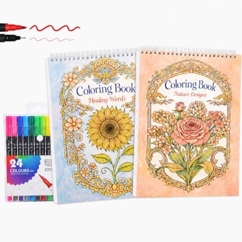 LOTWOW Adult Coloring Book Set of 2, 60 Nature & Healing Words Patterns, 24 Colors Non-Toxic Dual-Tip Brush Markers, Stress Relief Arts and Crafts, Perfect Get Well & Birthday Gifts for Women - Image 1
