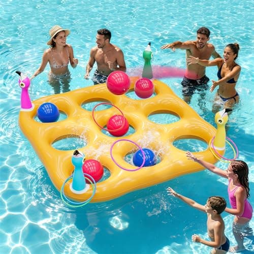 Flamingo Pool Toys Games Set, 2-in-1 Giant Inflatable Tic Tac Toe Float Game & Ring Toss Game with 10 Balls & 6 Rings, Outdoor Summer Fun Beach Yard Swimming Pool Games for Adults Teens Kids 6+