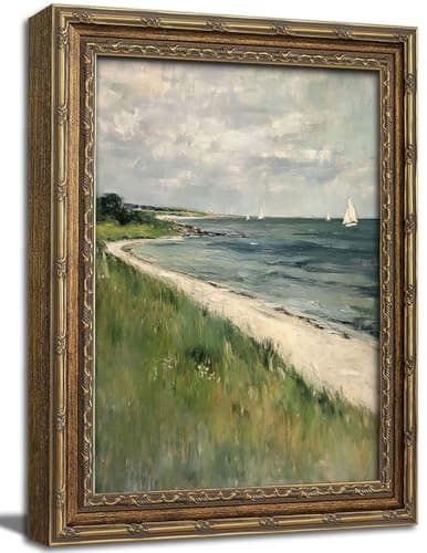 Gold Framed Wall Art, Coastal Seaside Canvas Prints - Vintage Impressionist Beach House Pictures, Nautical Sailboat Ocean Scene Decor for Living Room Bedroom 9x11 inch - Image 1