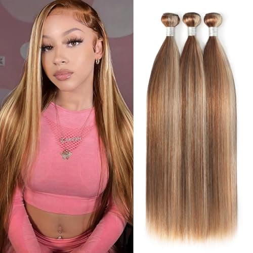 YESHURAY Highlight Bundles Human Hair Straight Virgin Hair Extensions With Brown/Blonde 3 Tones Highlights 3 Bundles/Pack 12 14 16 Inch 100g/Bundle - Image 1