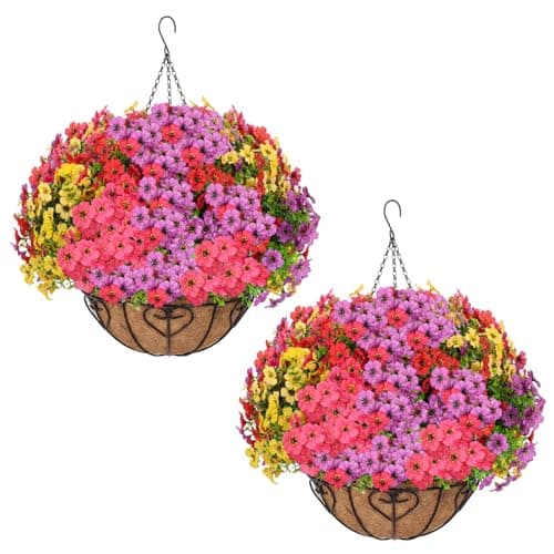 LetuoClips 2 Sets Artificial Hanging Flower for Outdoors, Fake Hanging Basket for Outside,2 Hanging Basket with 26 Pcs Faux Silk Flowers for Porch, Balcony and Patio Decor(Mixed) - Image 1