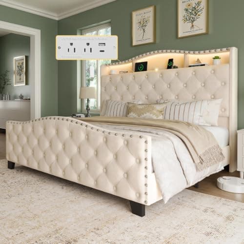Belffin Queen Size Bed Frame and Headboard, 50.9" Velvet Upholstered Wingback Bedframe with LED Lights & Storage/Charging Station, Button Tufted Tall Footboard, No Box Spring Needed, Noise-Free, Beige - Image 1