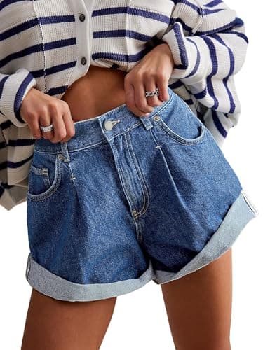 POTILI Womens Jean Shorts, Stretchy Denim Shorts with Pockets Elastic Waisted Relaxed Fit - Image 1