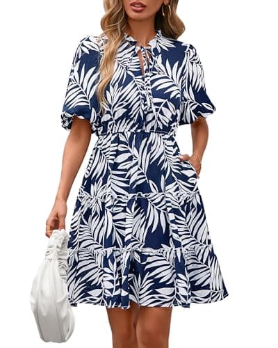 BTFBM Women Summer Floral Short Dresses V Neck Short Sleeve Tiered Ruffle Boho Swing Dress A-Line Mini Dresses(Floral Navy,Small) - Image 1