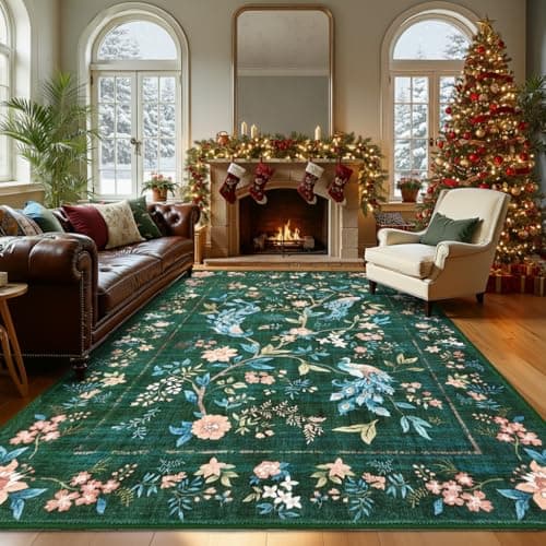 GarveeHome Large Area Rugs 9x12 for Living Room, Dark Green Washable Rug Soft Non Slip Backing Floor Mat Carpet Indoor Floral Peacock Accent Rug for Bedroom Dining Room Playroom Nursery Home Decor - Image 1