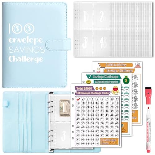 100 Envelopes Money Saving Challenge, A5 Savings Challenges Book Budget Binder with Cash Envelopes Erasable Tracker, Easy and Fun Way to Save $500 $5050 $10000 (Blue) - Image 1