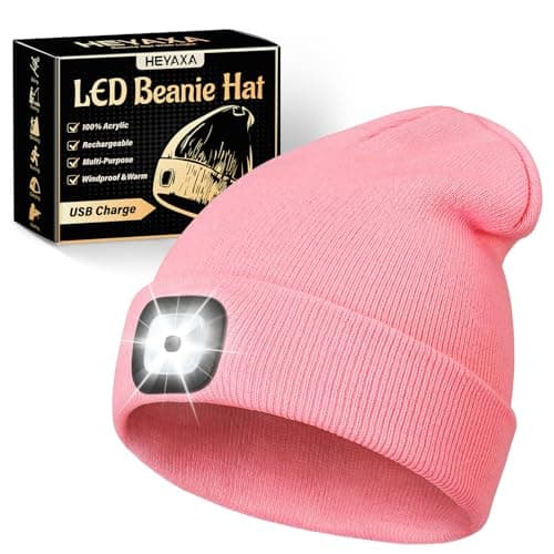 HEYAXA Unisex LED Beanie with Light, Rechargeable Headlamp Hat, Warm Knitted Cap, Fathers Day Dad Gifts for Husband, Dad, Birthday Gifts for Men, Dad, Father, Women, Him, Her, Pink - Image 1