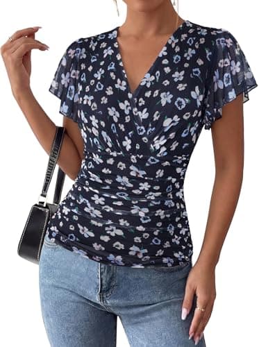 GRACE KARIN 2026 Womens Mesh Tops Summer Ruffle Sleeve Dressy Casual Top Floral Wrap Blouse Fashion Outfits Navy Floral 2XL - Image 1