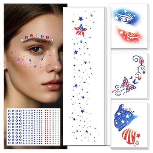 EMOME 4th of July Decorations, Independence Day Glitter Freckles Face Tattoos with Red White Blue Face Gems, Patriotic Stickers Makeup Outfits Accessories for Fourth of July, Memorial Day, Labor Day - Image 1