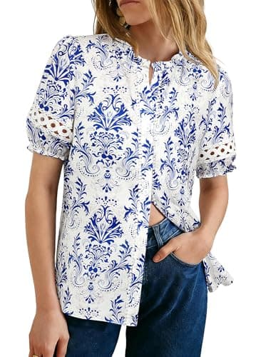 GRACE KARIN Women Boho Floral Tops, Summer Short Eyelet Sleeve Dressy Casual Shirts, Spring Button Down Blouse 2026 Trendy White Blue Large - Image 1