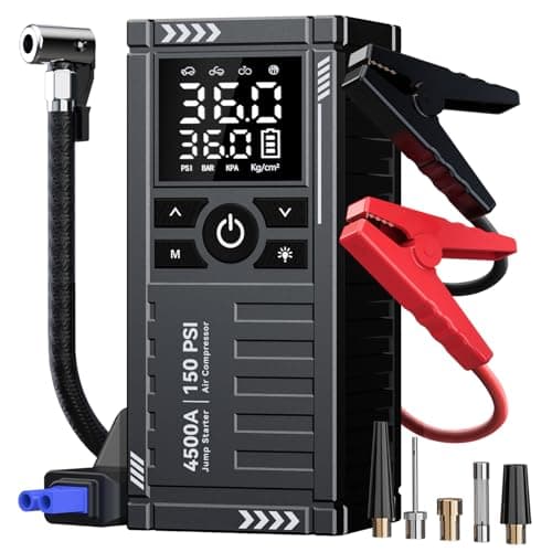 Car Battery Jump Starter with Air Compressor - 4500A 150PSI Portable Car Jump Starters (All Gas/10L Diesel) with Tire Inflator, 12V Car Battery Jump Box with Jumper Cables, LCD Display, LED Light