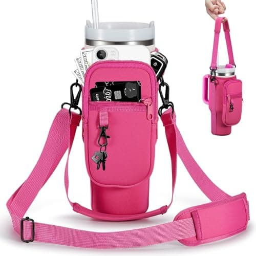 BULKITEM Water Bottle Carrier Bag with Phone Pocket for Pink Stanley 40 oz Tumbler with Handle, Hot Pink Insulated Neoprene Cup Holder Pouch Strap for Valentines Stanley Cup Accessories - Image 1