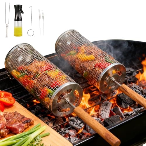 Rolling Grill Basket,7-Piece BBQ Set,Stainless Steel Grilling Basket with Lid and Removable Wooden Handle, BBQ Grill Accessories for Vegetables, Shrimp, Meat ,Outdoor Cooking Perfect Gifts for Men Dad Husband - Image 1
