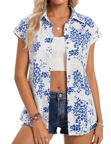 GRACE KARIN Floral Eyelet Spring Summer Tops for Women,2026 V Neck Dressy Casual Shirts,Boho Button Down Short Sleeve Blouses White Blue 2XL - Image 1