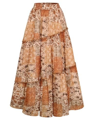 Scarlet Darkness Boho Maxi Skirt for Women Tiered Flowy Long Skirts with Pockets 2026 Summer Spring Vacation Outfits Orange Patchwork Floral XL - Image 1