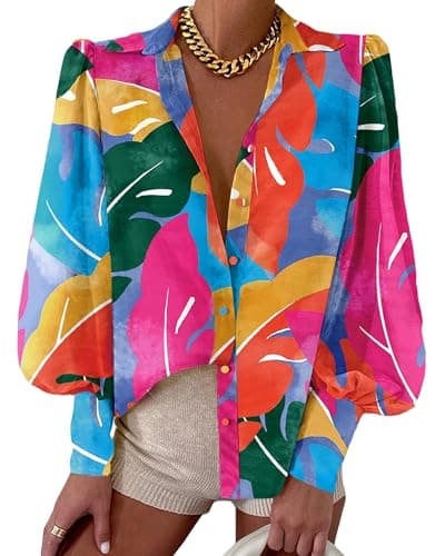 BTFBM Summer Blouses for Women Dressy Casual 2026 Long Sleeve Button Down Shirt V Neck Boho Spring Tops Fashion Clothing(Multicolored, Large) - Image 1