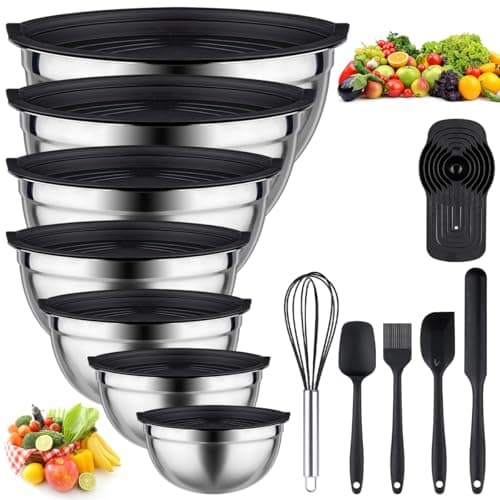 Leidawn Mixing Bowls with Lids set - 25 PCS Stainless Steel Nesting Black Mixing Bowls Set for Baking, Mixing, Serving & Prepping, Size 5, 3.7, 2.8, 2.3, 1.7, 1.1, 0.7QT, 11 Cooking