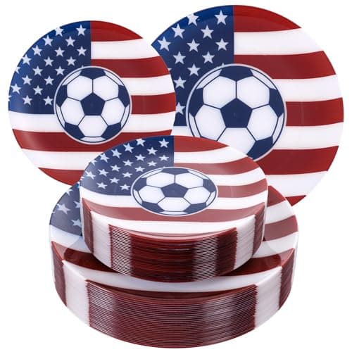 ejonirinjonir 60pcs Soccer Party Plates - Patriotic Plastic Plates,American Flag Plates for World Cup Soccer Party Supplies,Red White and Blue Plates,10.25" Dinner & 7.5" Dessert Football Plates - Image 1