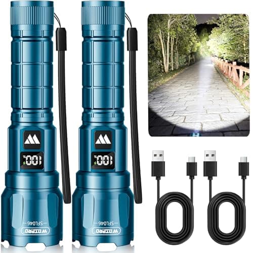 WdtPro LED Rechargeable Flashlight 2 Pack, 3 Modes Super Bright High Lumens Flashlights, Zoomable Tactical Flash Light with LCD Display, IP65 Waterproof Flashlights for Home Emergency Camping - Blue - Image 1