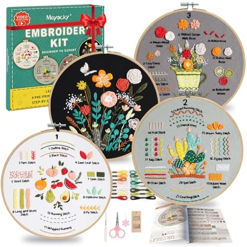 Meyocky Embroidery Kit for Beginners, 4 Pack Starter Embroidery Kits for Adults Learn 31 Stitches with Simple Patterns, Step-by-Step Video Stitch Practice Sampler Kit,Gift for Women Craft Lovers - Image 1