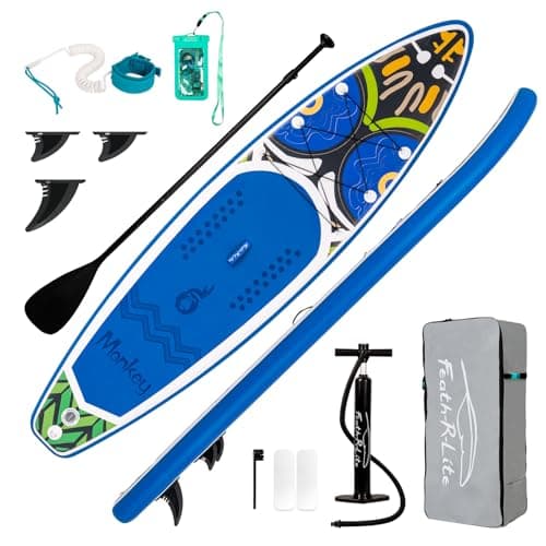 FEATH-R-LITE Inflatable Paddle Board Stand Up Paddleboards for Adults SUP with Premium Accessories Pump, Adjustable Paddle, Leash, Three Fins, Backpack (Blue Monkey) - Image 1