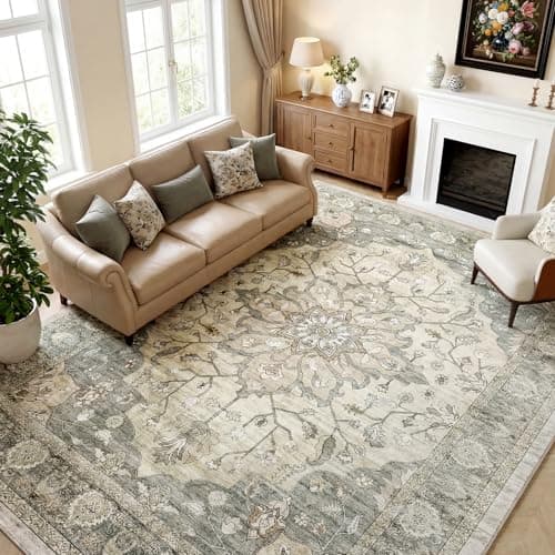 YBYX 9x12 Area Rugs for Living Room, Machine Washable Boho Vintage Rug, Waterproof Surface & Non-Slip Backing, Foldable Soft Low Pile Floral Medallion Carpet for Bedroom Dining Room - Image 1