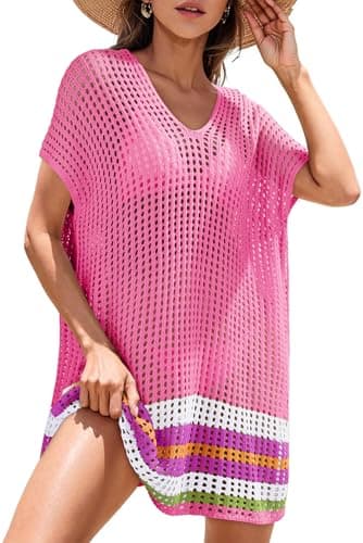 Dokotoo Women Swimwear Beach Bikini Swimsuit Cover-ups Resort Wear Crochet Striped Cruise Outfits Side Split Dress Vacation Outfits Plus Size,Bright Pink Medium - Image 1