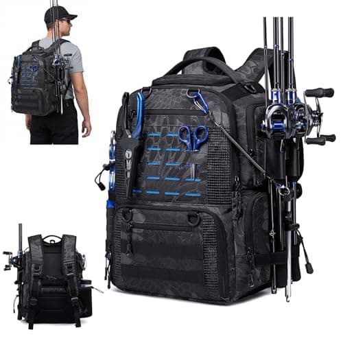 oinitiry Fishing Tactical Backpack with 2 Rod Holders, Waterproof Tackle Bag with Bottle Holder,50L Large Storage Bag for Fishing Gear and Equipment, Black Camo
