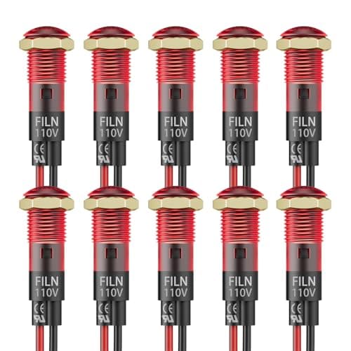 FILN 10PCS Small 110V LED Indicator Light, 8mm (5/16") IP67 Waterproof Low Power Pilot Lights Panel Mount for Car, Truck, Boat, Marine, Dash(110v, Red) - Image 1