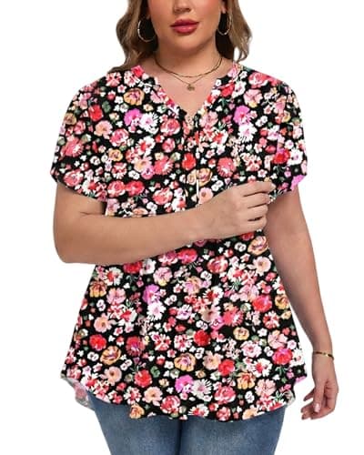 PLOKNRD Plus Size Tops Womens Tunic Tops Short Sleeve Pink T-Shirts V-neck Summer Dressy Blouse Casual Boho Cute Tops 3X - Image 1