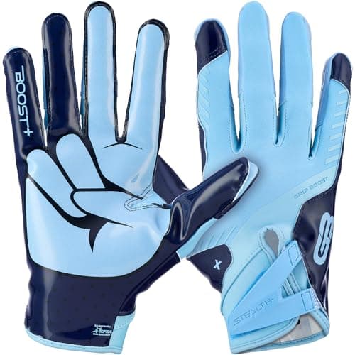 Grip Boost Football Gloves - Peace Stealth 6.0 Boost Plus Sticky Technology - Adult and Youth Football Gloves for Wide Receiver - Men's and Boys Sizes (Carolina Blue, Small)