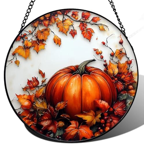 Zizzie Stained Glass Pumpkin Suncatcher - 7.9" Real Glass Fall Maple Leaves Window Hanging, Weatherproof Autumn Farmhouse Decor, Thanksgiving Harvest Gift for Women Mom - Image 1