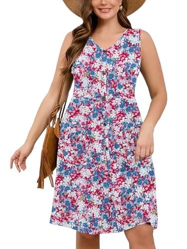 AusLook Plus Size Women Summer Dress Sleeveless V Neck Casual Cute Loose Sundress Luxuriant Flowers Red 4X Comfy Swing Button Down Midi Work Flowy Tunic Ladies Beach Vacation Dresses with Pockets - Image 1
