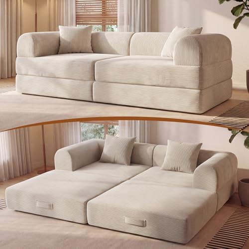 ceamorfco Boneless Couch, 74.8 Inch Modular Sofa Bed with Wide Armrest, Beige Corduroy Loveseat Sleeper with Removable Washable Cover, Comfy Floor Sofa for Living Room, Apartment, Office, No Assembly - Image 1