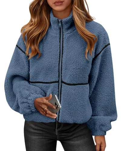 KIRUNDO Sherpa Jacket Women Fleece Oversized Zip Up Winter Coats Fall Jackets Faux Fur Warm Outwear 2026 Fashion Clothing(Dusty Blue, X-Large) - Image 1