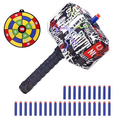 TENTAM Dart Blasting Hammer Toys with Lights - Kids Roleplay Toy Thunder Mjolnir Shooting Games for Kids, Birthday Gift, Party Favors Includes 30 Darts 1 Target(Colorful) - Image 1