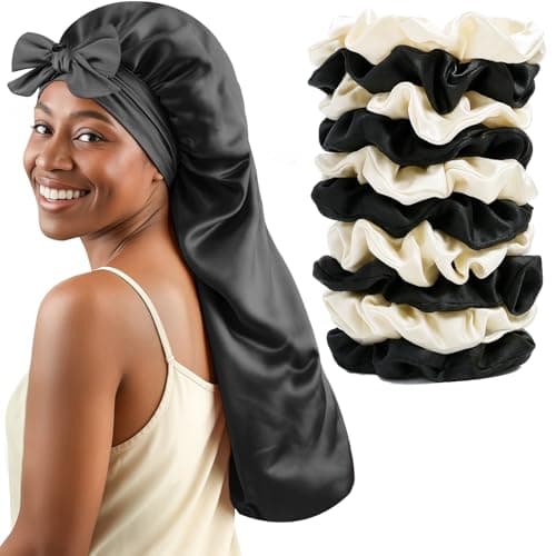 Women's Silky Bonnet - Long Tie Sleep Cap, Curly/Natural Hair, Adj. Night Hat, +10 Scrunchies, Mom/Wife - Image 1