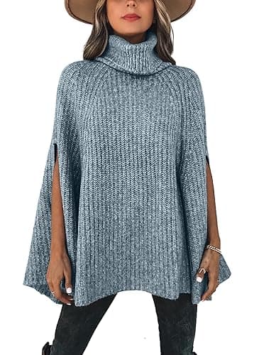 KIRUNDO Women's 2026 Fall Winter Turtleneck Poncho Sweater Fashion Chunky Knit Cape Wrap Sweaters Pullover Jumper Tops(Grey Blue, Medium) - Image 1