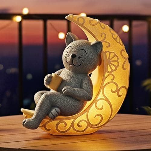 PETAFLOP Solar Cat Statue Decor, Moon Cat Figurines for Patio Balcony Yard Decorations, I Love You to the Moon and Back Birthday Housewarming Gifts for Father Mom Grandma Women Cats Lover - Image 1