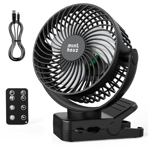 Minthouz Clip on Fan, 12000mAh Desk Fans, 360° Rotation Rechargeable Portable Fan with 45hrs Runtime - Quiet 3 Speeds, Wireless Remote, Timer, Input/Output Ports - Lightweight for Travel & Office - Image 1