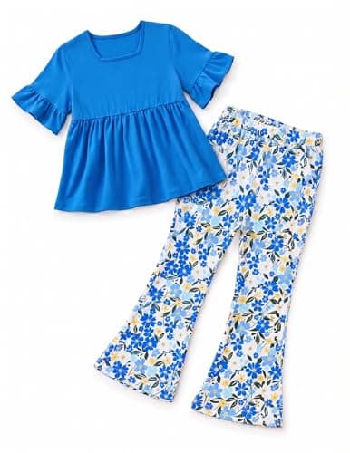 Hihosdor Toddler Girls Clothing Sets Cute Ruffle Sleeve Top and Printed Bell Bottom Pants Girls Outfits Summer Casual Clothes for Girls Blue Ages 7-8 Years - Image 1