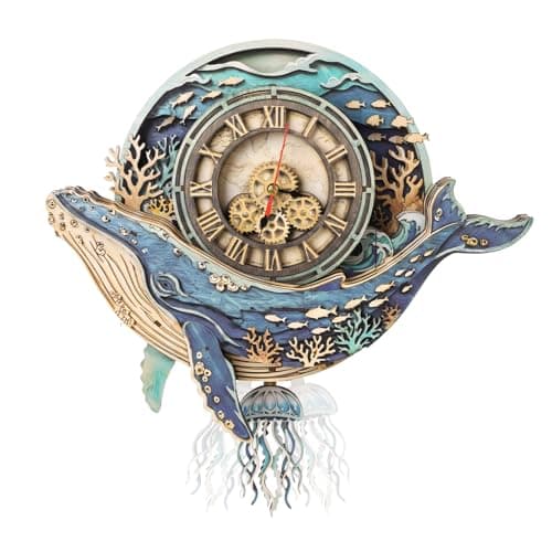 3D Puzzles for Adults Whale Clock Crafts for Adults Wooden Puzzles Home Wall Decor Pendulum Clock with Roman Numerals Gift for DIY(Deep Blue Whale) - Image 1