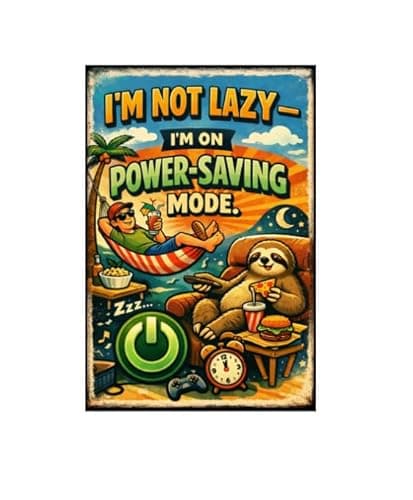 Im Not Lazy Im On Power Saving Mode Metal Tin Sign Vintage Funny Wall Decor Retro Humor Quote Sloth Hammock Gaming Snack Art 8x12 Inch Hanging Plaque Office Home Room Poster Cartoon Illustration - Image 1