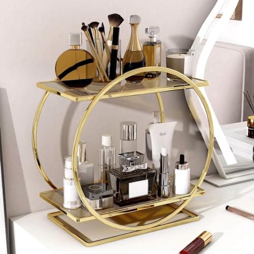 YIWANFW Perfume Organizer for Dresser, 2 Tier Bathroom Counter Organizers and Storage, Gold Makeup Organizer for Vanity, Bathroom Accessories & Decor, Skincare Perfume Trays Cosmetic Display Holder - Image 1